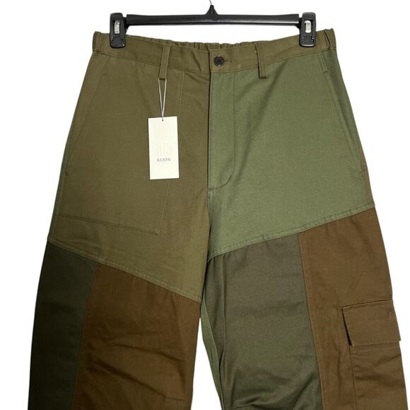 NEW KUON Patchwork Utility Trousers SIZE L Green Wide Leg Cargo Pocket JAPAN NWT - Picture 6 of 11
